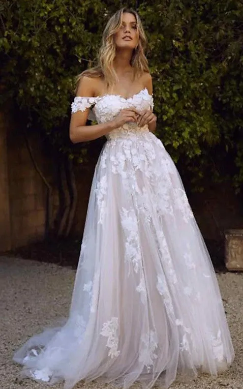 Casual Off-the-shoulder A Line Floor-length Court Train Sleeveless Wedding Dress With Appliques-716025