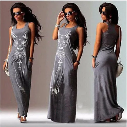 Cat Print Long Vintage Maxi Dress