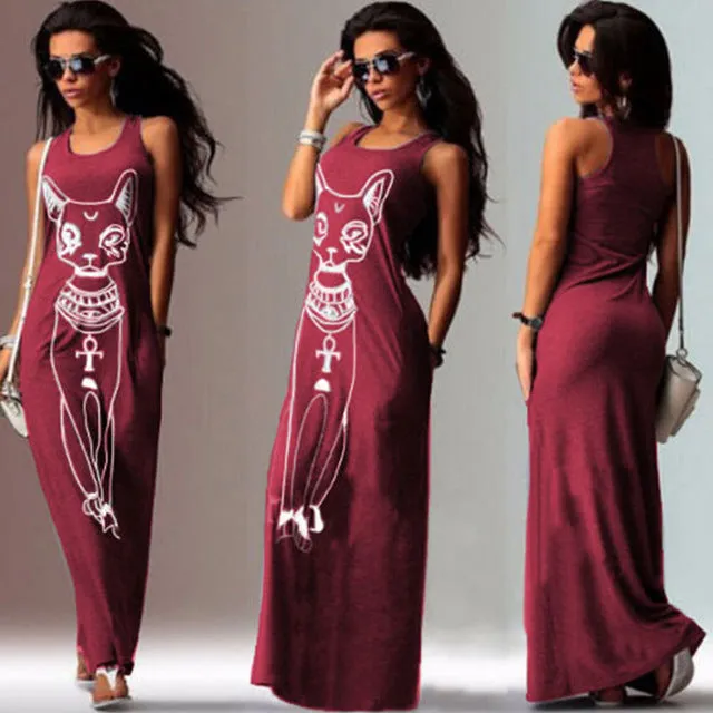 Cat Print Long Vintage Maxi Dress