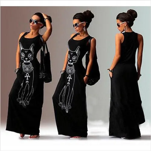 Cat Print Long Vintage Maxi Dress