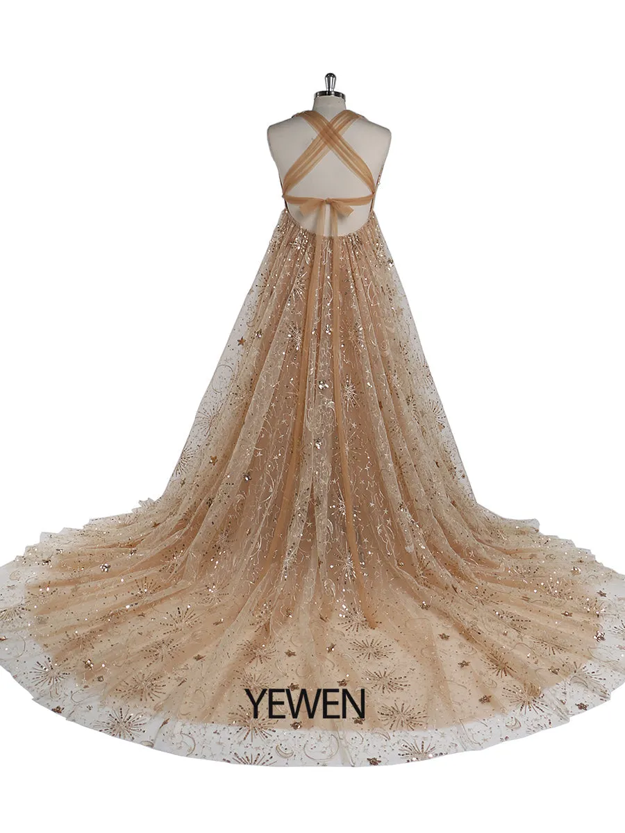 Champagne Sparkle Sequin V Neck Evening Dress Long Woman Formal Party Dress Side Slit Maternity Dress for Photo Shoots YEWEN YW211213