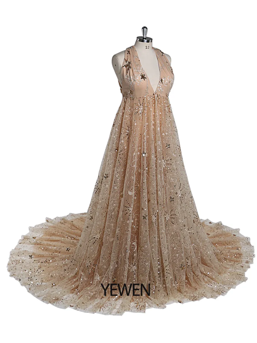 Champagne Sparkle Sequin V Neck Evening Dress Long Woman Formal Party Dress Side Slit Maternity Dress for Photo Shoots YEWEN YW211213