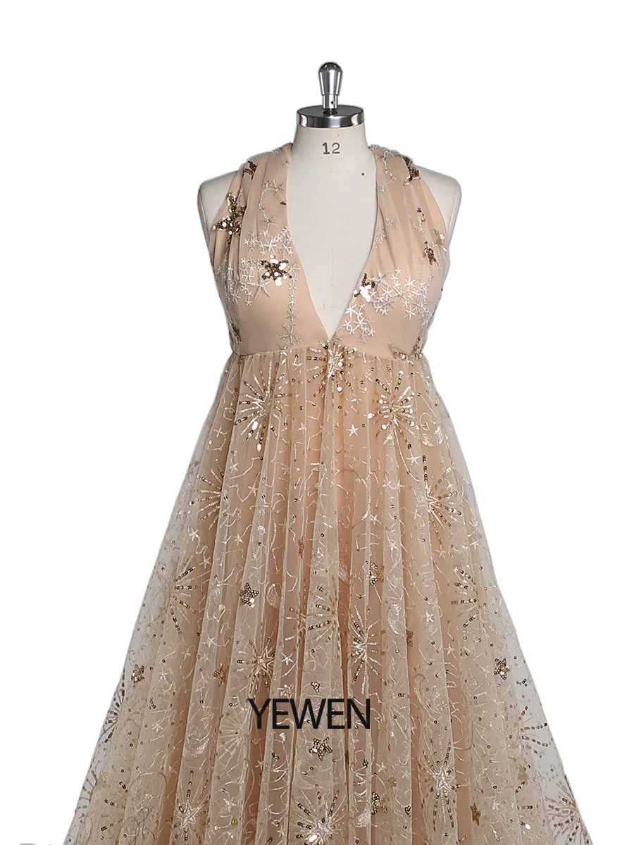 Champagne Sparkle Sequin V Neck Evening Dress Long Woman Formal Party Dress Side Slit Maternity Dress for Photo Shoots YEWEN YW211213