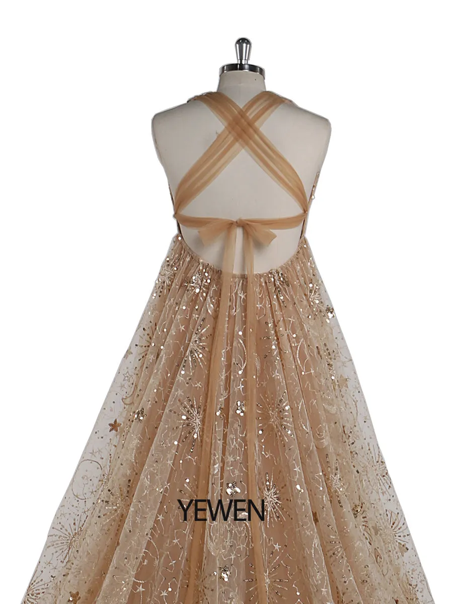Champagne Sparkle Sequin V Neck Evening Dress Long Woman Formal Party Dress Side Slit Maternity Dress for Photo Shoots YEWEN YW211213