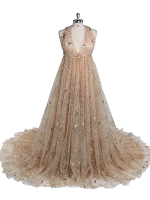 Champagne Sparkle Sequin V Neck Evening Dress Long Woman Formal Party Dress Side Slit Maternity Dress for Photo Shoots YEWEN YW211213