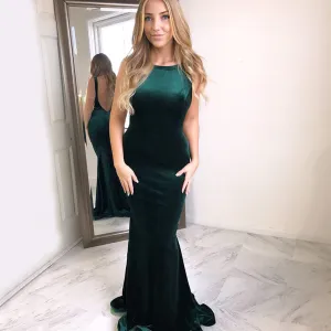 Charming Velvet Green Prom Dress, Sexy Memraid Backless Prom Dress, D1248