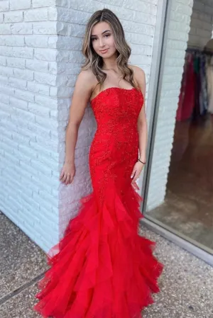 Cheap Long Red Mermaid Prom Dresses Lace 2025 Strapless