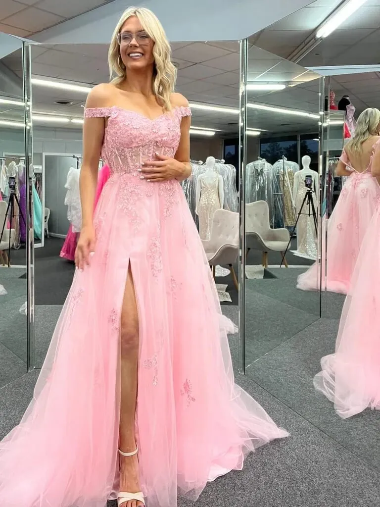Cheap Off Shoulder 2025 Pink Formal Dresses Lace Long Prom Dresses with High Slit