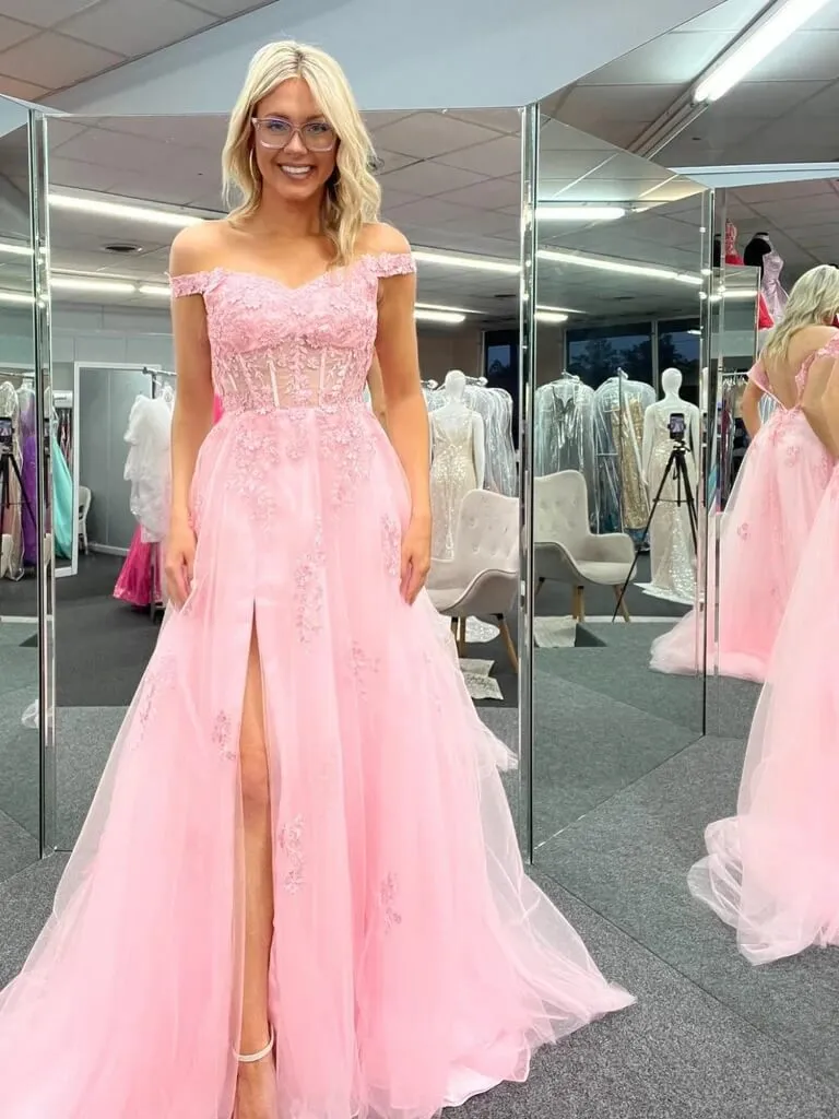 Cheap Off Shoulder 2025 Pink Formal Dresses Lace Long Prom Dresses with High Slit
