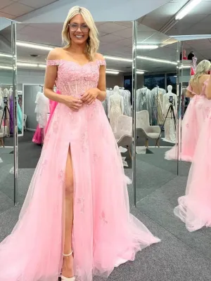 Cheap Off Shoulder 2025 Pink Formal Dresses Lace Long Prom Dresses with High Slit