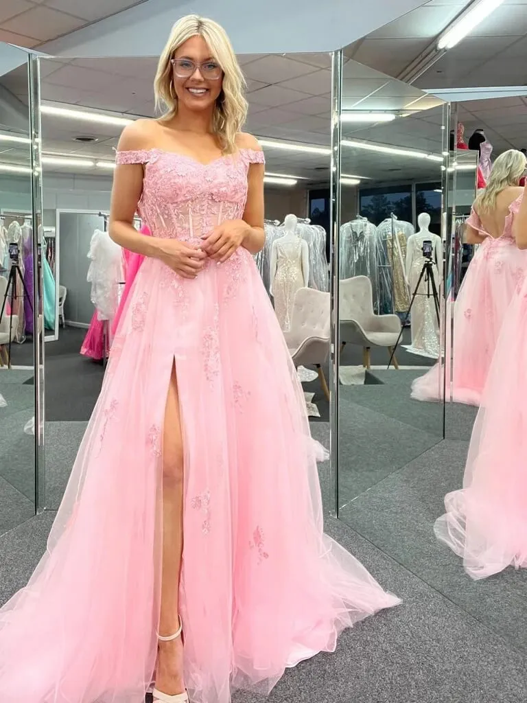 Cheap Off Shoulder 2025 Pink Formal Dresses Lace Long Prom Dresses with High Slit