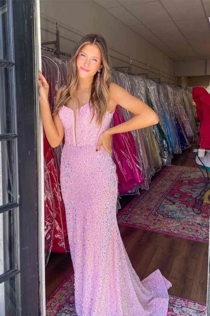 Cheap Red Sequins Mermaid Prom Dresses 2025 Straps Plunging Neck Formal Dress