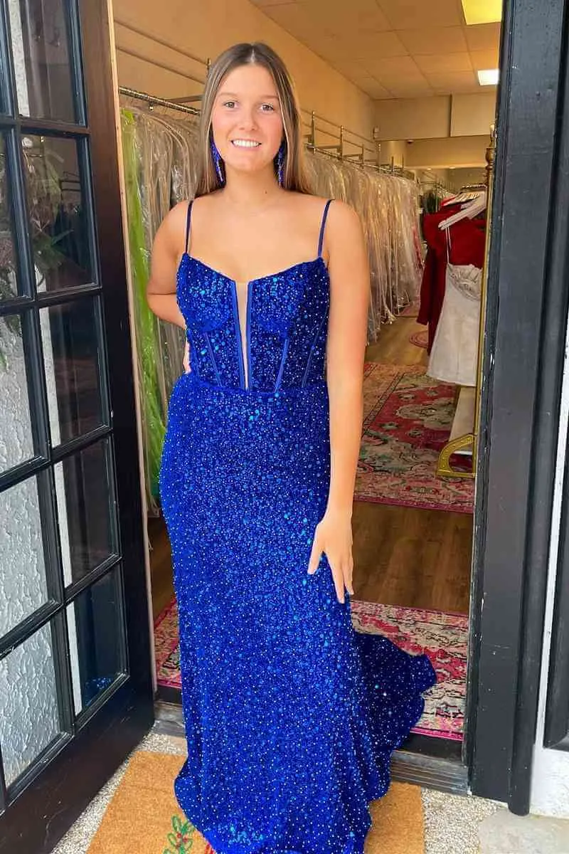 Cheap Red Sequins Mermaid Prom Dresses 2025 Straps Plunging Neck Formal Dress