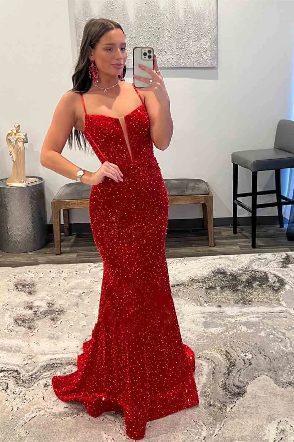 Cheap Red Sequins Mermaid Prom Dresses 2025 Straps Plunging Neck Formal Dress