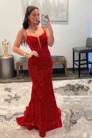 Cheap Red Sequins Mermaid Prom Dresses 2025 Straps Plunging Neck Formal Dress