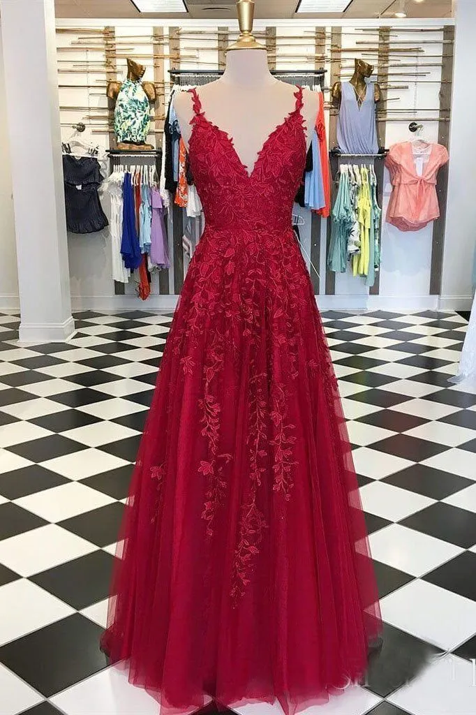 Cheap V Neck 2024 Red Prom Dresses A-Line Appliqued Long Lace Evening Dress