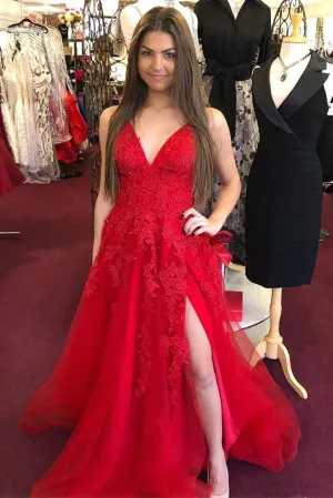 Cheap V Neck 2024 Red Prom Dresses A-Line Appliqued Long Lace Evening Dress