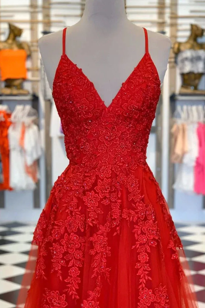 Cheap V Neck 2024 Red Prom Dresses A-Line Appliqued Long Lace Evening Dress