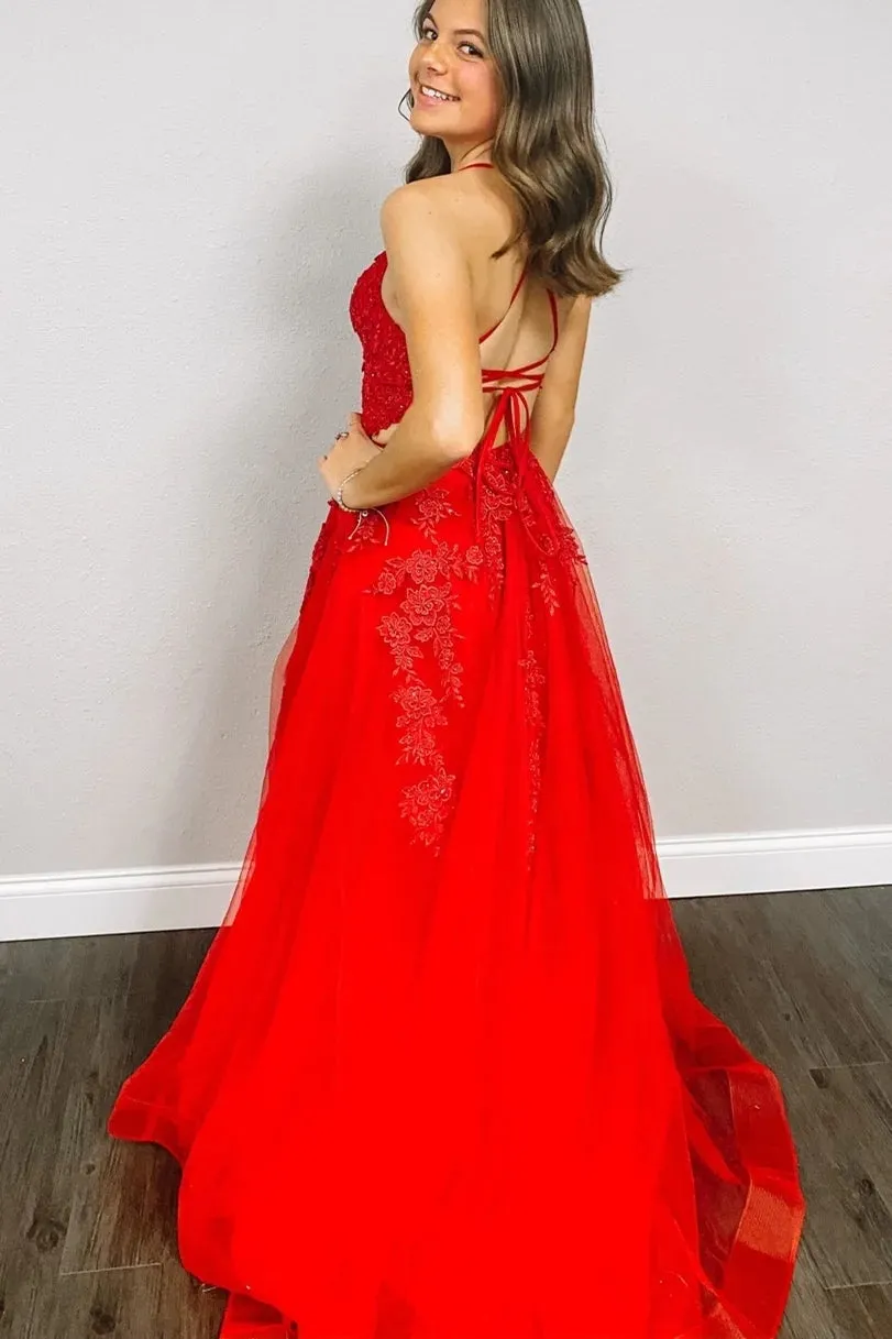 Cheap V Neck 2024 Red Prom Dresses A-Line Appliqued Long Lace Evening Dress