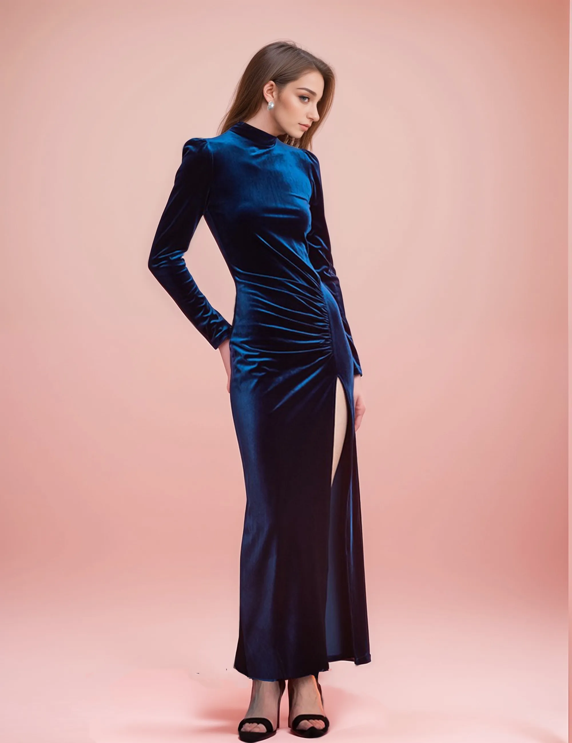Chic High Neck Velvet Dress with Long Sleeves & Thigh Slit