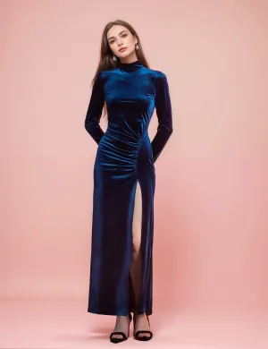 Chic High Neck Velvet Dress with Long Sleeves & Thigh Slit