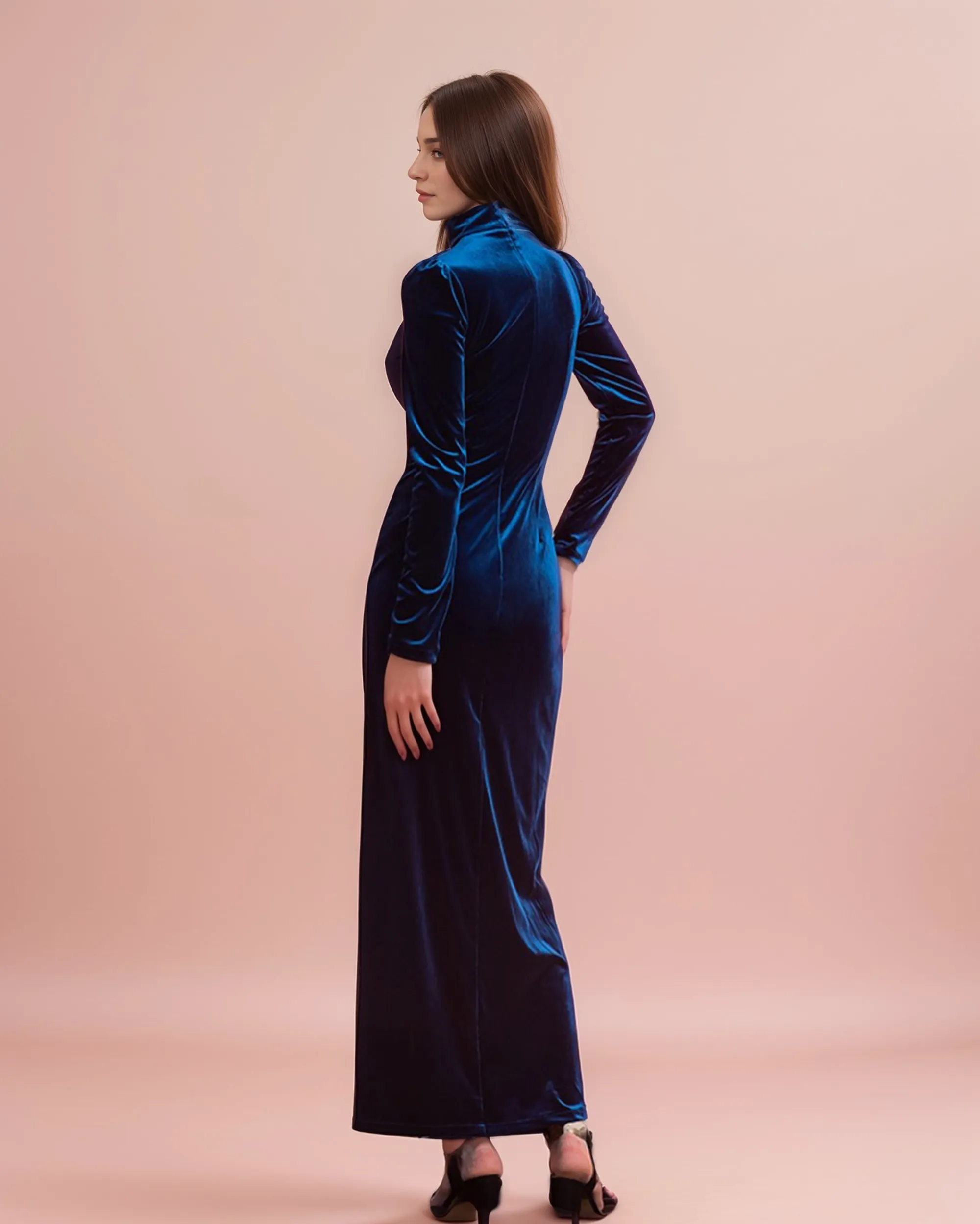 Chic High Neck Velvet Dress with Long Sleeves & Thigh Slit