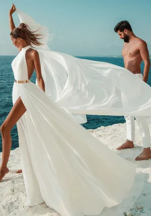Chiffon Bohemian Bridal Gown with Ruching Bodice