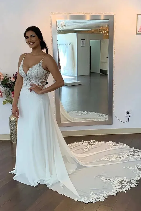 Chiffon Spaghetti Straps Lace Appliques Bohemian Wedding Dresses, MW913