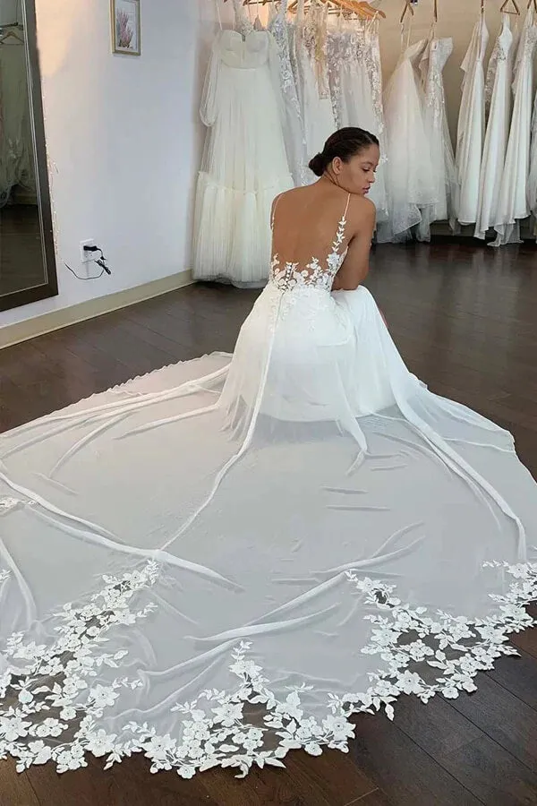 Chiffon Spaghetti Straps Lace Appliques Bohemian Wedding Dresses, MW913