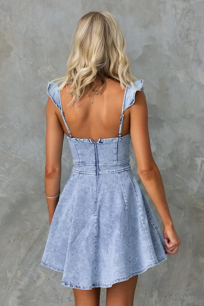 Chouyatou Denim Dress for Women Ruffle Adjustable Strap Sleeveless Backless Babydoll Mini Jean Dresses