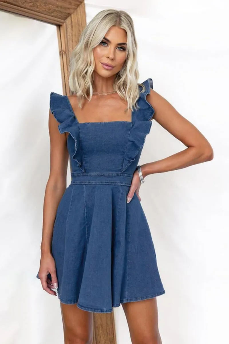 Chouyatou Denim Dress for Women Ruffle Adjustable Strap Sleeveless Backless Babydoll Mini Jean Dresses
