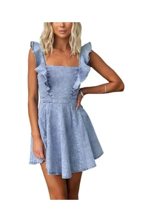 Chouyatou Denim Dress for Women Ruffle Adjustable Strap Sleeveless Backless Babydoll Mini Jean Dresses