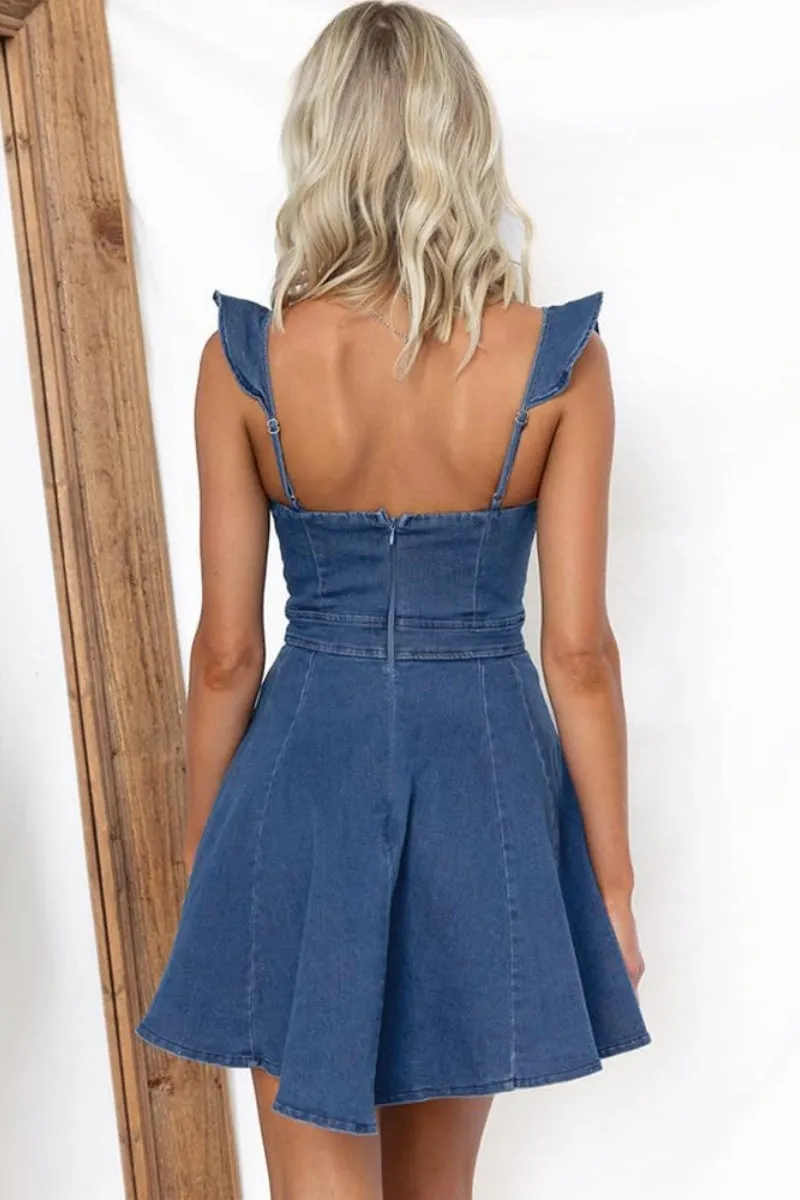 Chouyatou Denim Dress for Women Ruffle Adjustable Strap Sleeveless Backless Babydoll Mini Jean Dresses