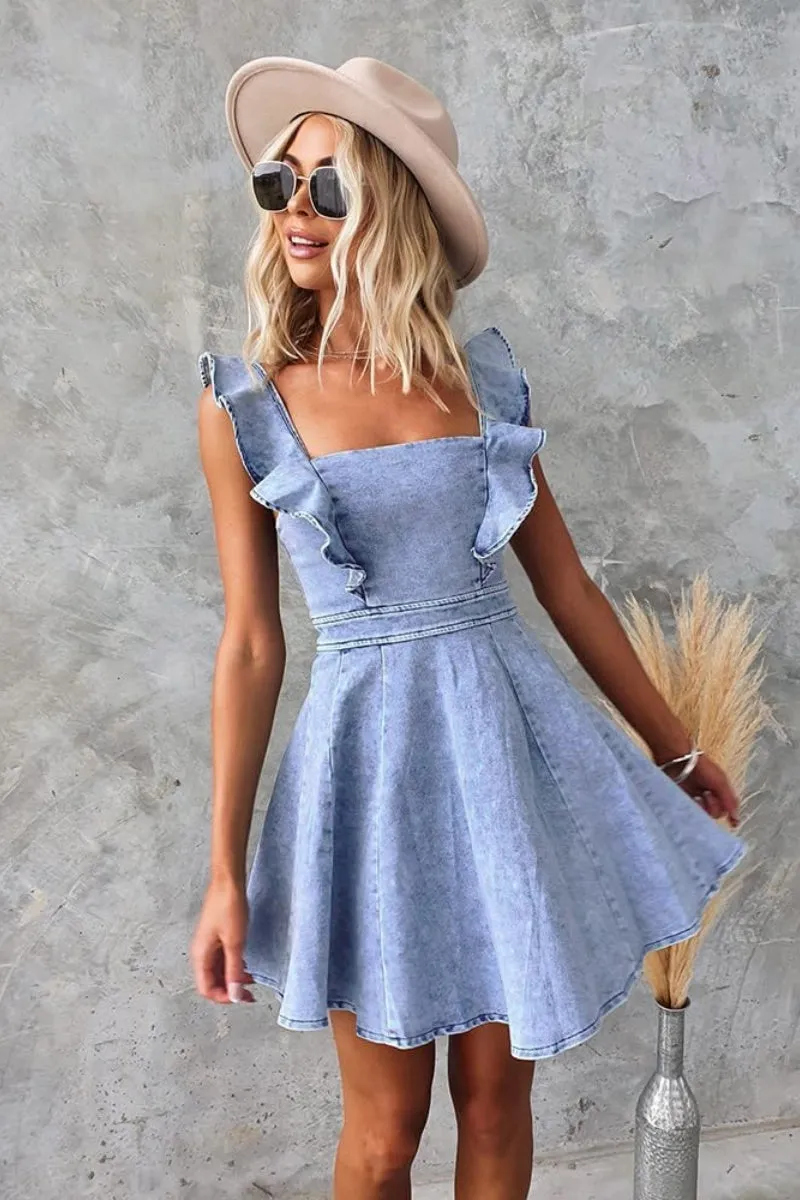 Chouyatou Denim Dress for Women Ruffle Adjustable Strap Sleeveless Backless Babydoll Mini Jean Dresses