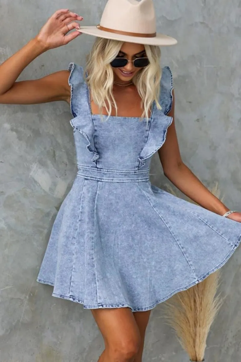 Chouyatou Denim Dress for Women Ruffle Adjustable Strap Sleeveless Backless Babydoll Mini Jean Dresses