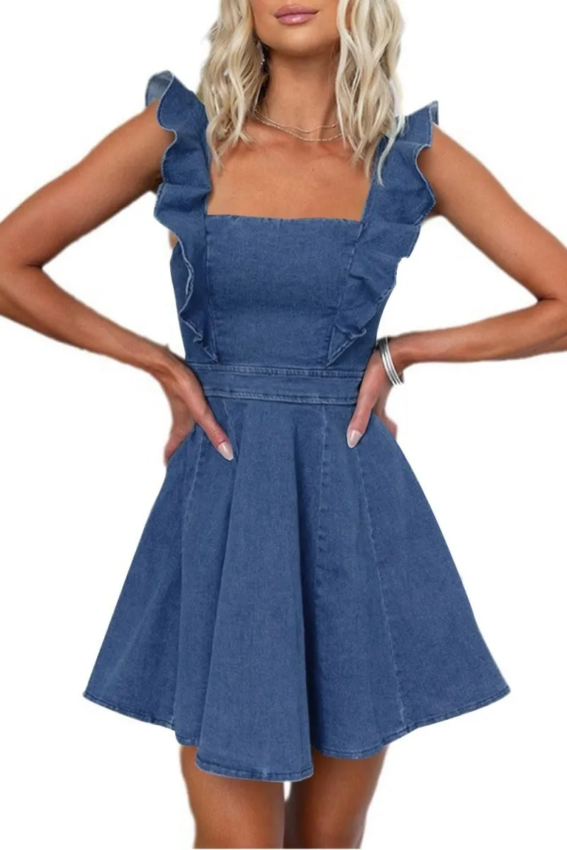 Chouyatou Denim Dress for Women Ruffle Adjustable Strap Sleeveless Backless Babydoll Mini Jean Dresses
