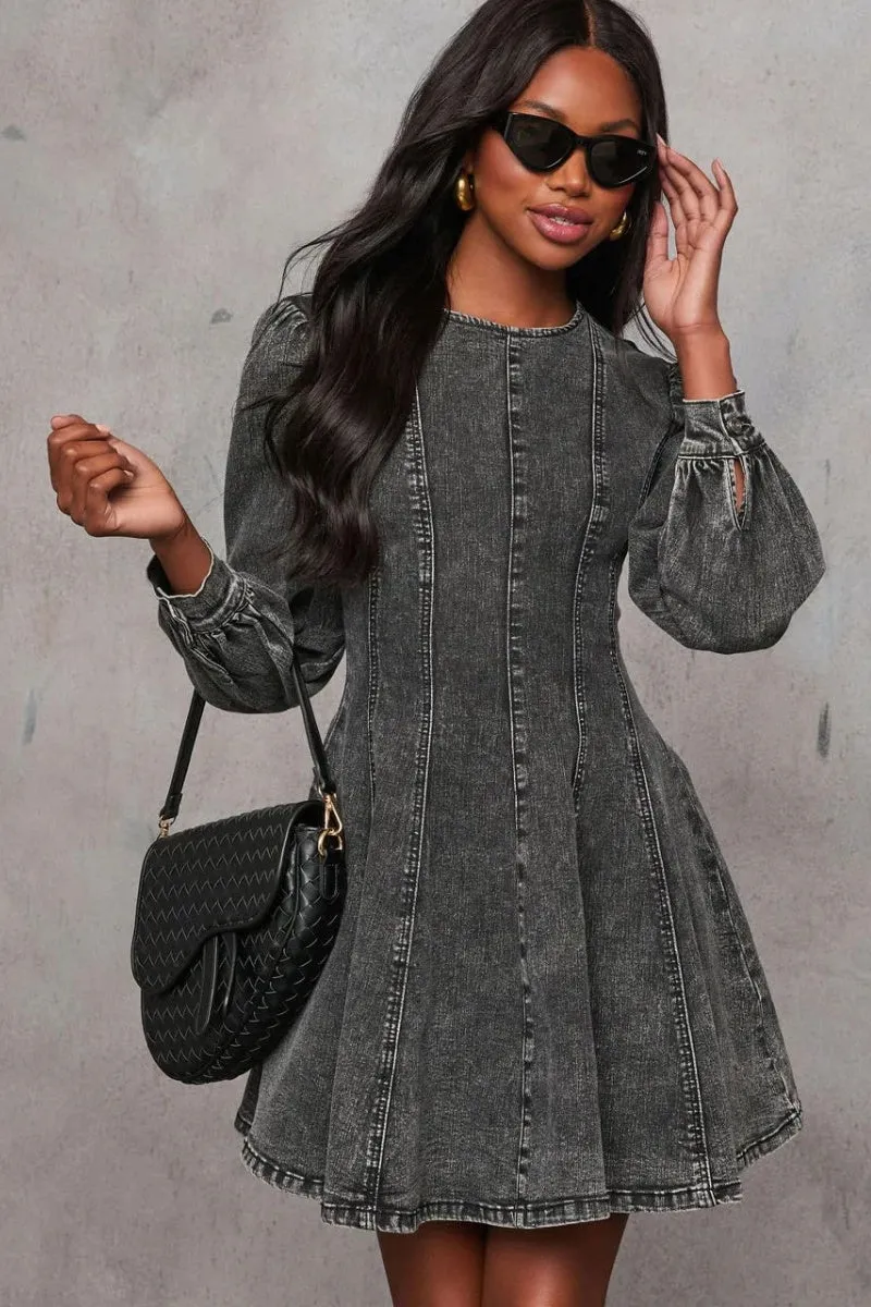 Chouyatou Women 2025 Fall Long Sleeve Denim Mini Dress Stretchy Slim Fit Ruffle Swing A Line Jean Dresses