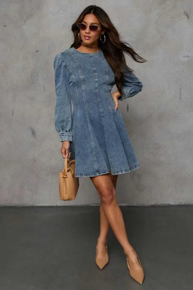 Chouyatou Women 2025 Fall Long Sleeve Denim Mini Dress Stretchy Slim Fit Ruffle Swing A Line Jean Dresses