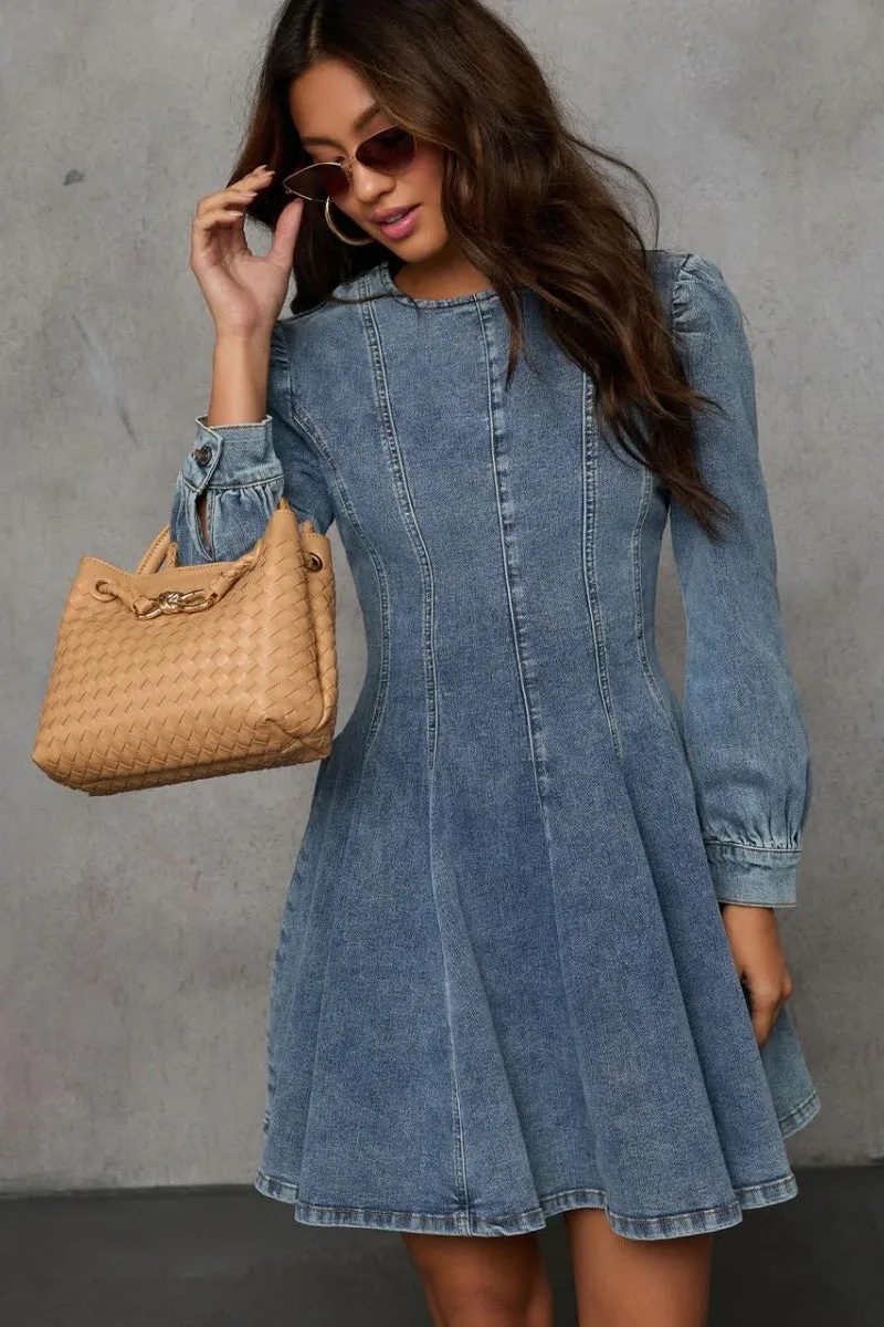 Chouyatou Women 2025 Fall Long Sleeve Denim Mini Dress Stretchy Slim Fit Ruffle Swing A Line Jean Dresses