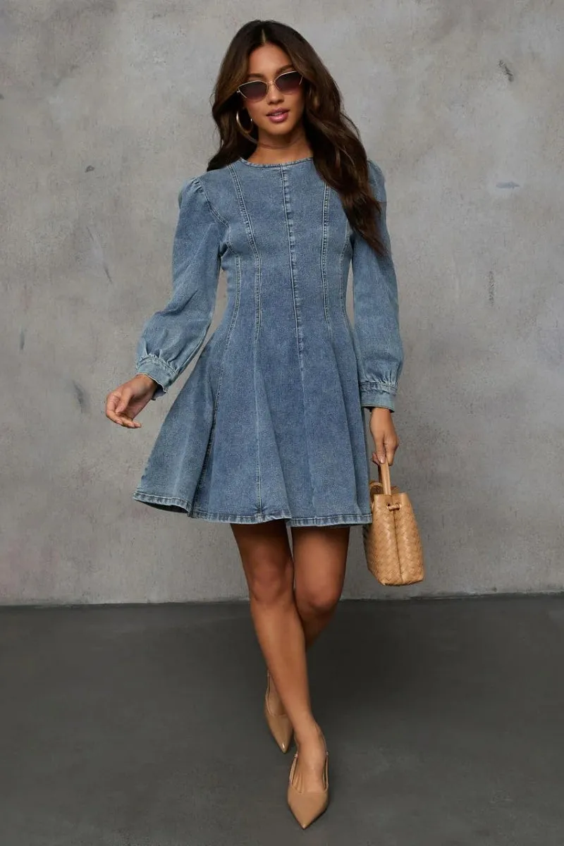 Chouyatou Women 2025 Fall Long Sleeve Denim Mini Dress Stretchy Slim Fit Ruffle Swing A Line Jean Dresses