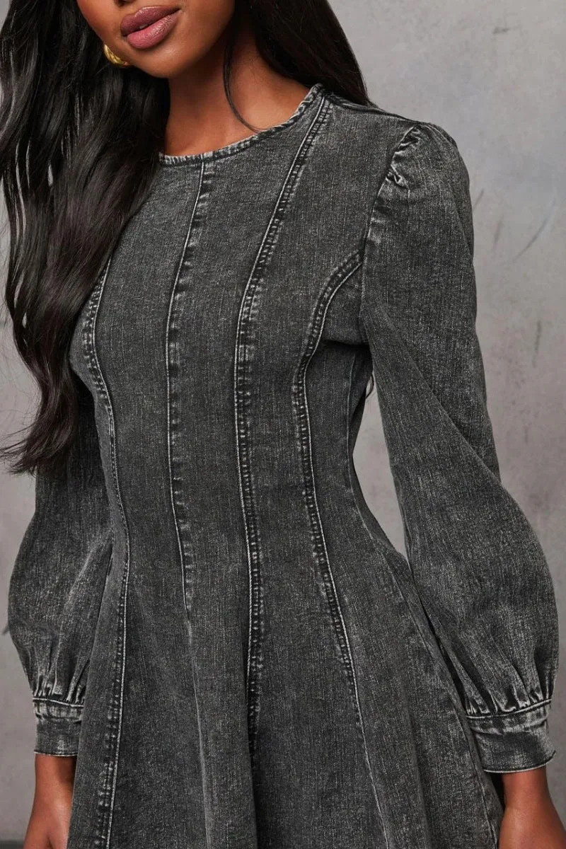 Chouyatou Women 2025 Fall Long Sleeve Denim Mini Dress Stretchy Slim Fit Ruffle Swing A Line Jean Dresses