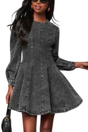 Chouyatou Women 2025 Fall Long Sleeve Denim Mini Dress Stretchy Slim Fit Ruffle Swing A Line Jean Dresses