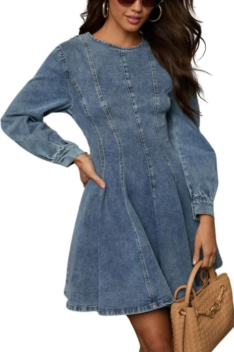 Chouyatou Women 2025 Fall Long Sleeve Denim Mini Dress Stretchy Slim Fit Ruffle Swing A Line Jean Dresses