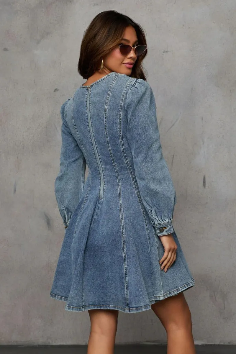 Chouyatou Women 2025 Fall Long Sleeve Denim Mini Dress Stretchy Slim Fit Ruffle Swing A Line Jean Dresses