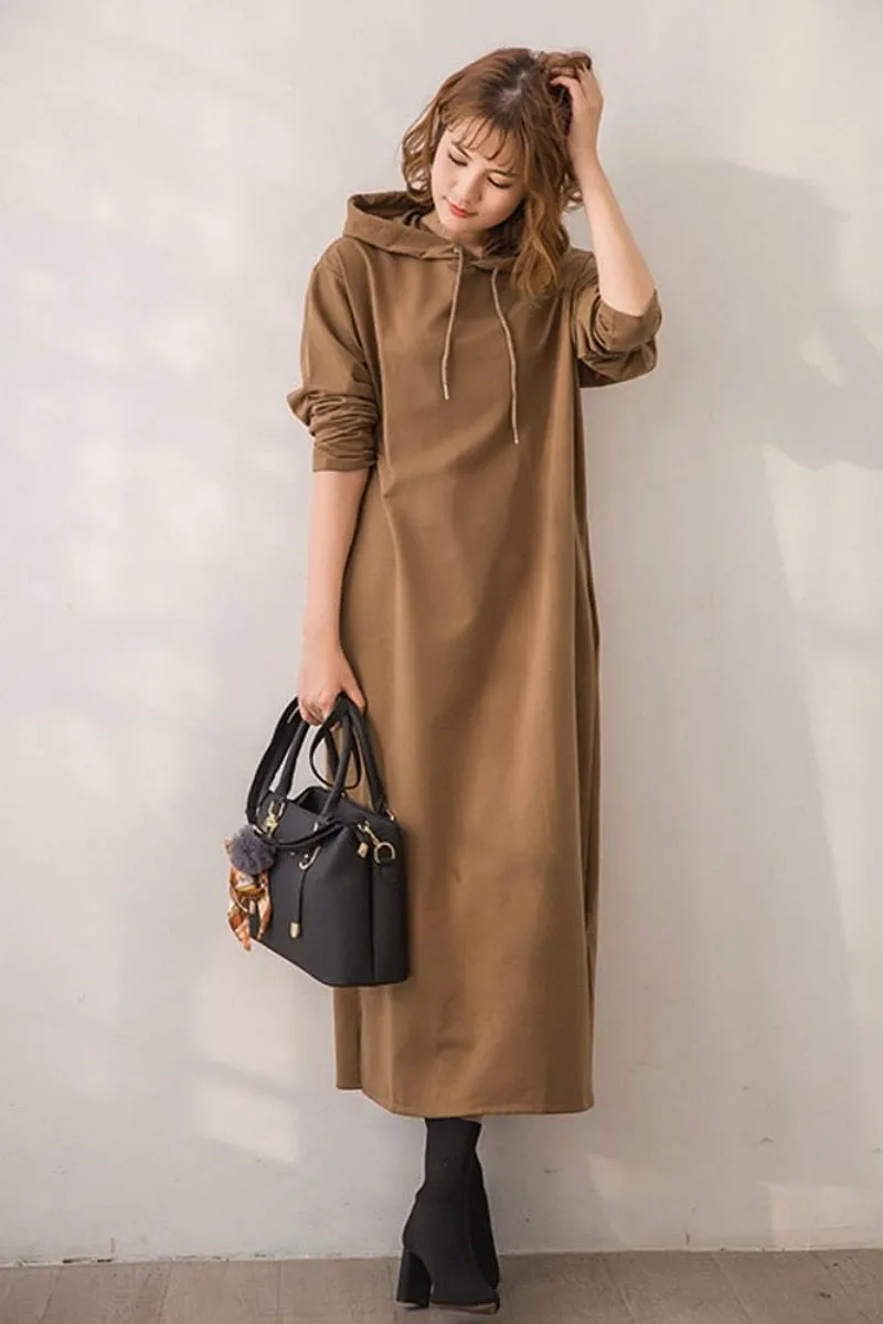Chouyatou Women's Basic Solid Long Sleeve Sweatshirt Hoodie Maxi Dress With Pockets
