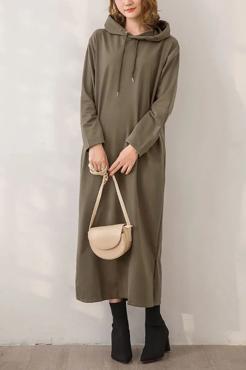 Chouyatou Women's Basic Solid Long Sleeve Sweatshirt Hoodie Maxi Dress With Pockets