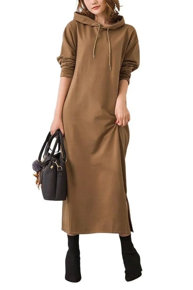 Chouyatou Women's Basic Solid Long Sleeve Sweatshirt Hoodie Maxi Dress With Pockets