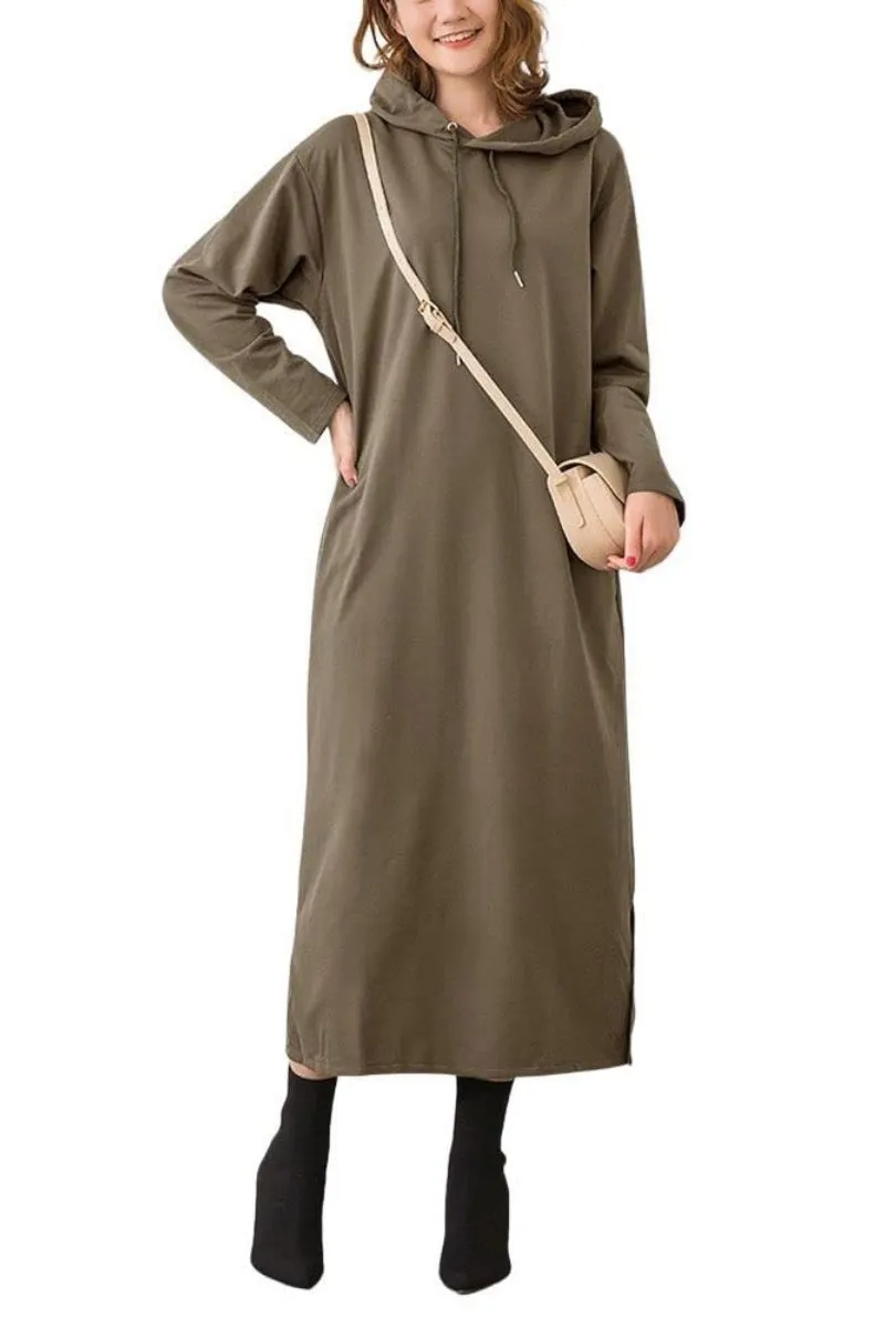 Chouyatou Women's Basic Solid Long Sleeve Sweatshirt Hoodie Maxi Dress With Pockets
