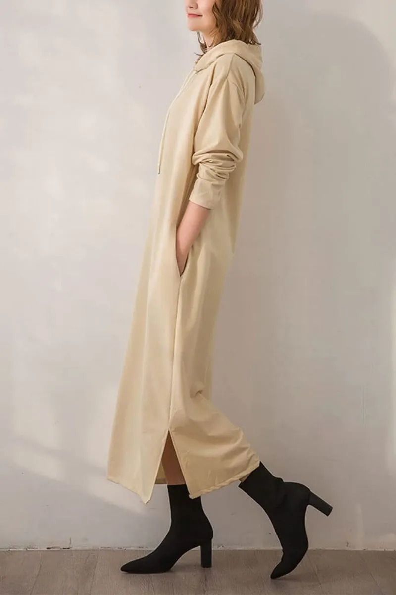 Chouyatou Women's Basic Solid Long Sleeve Sweatshirt Hoodie Maxi Dress With Pockets