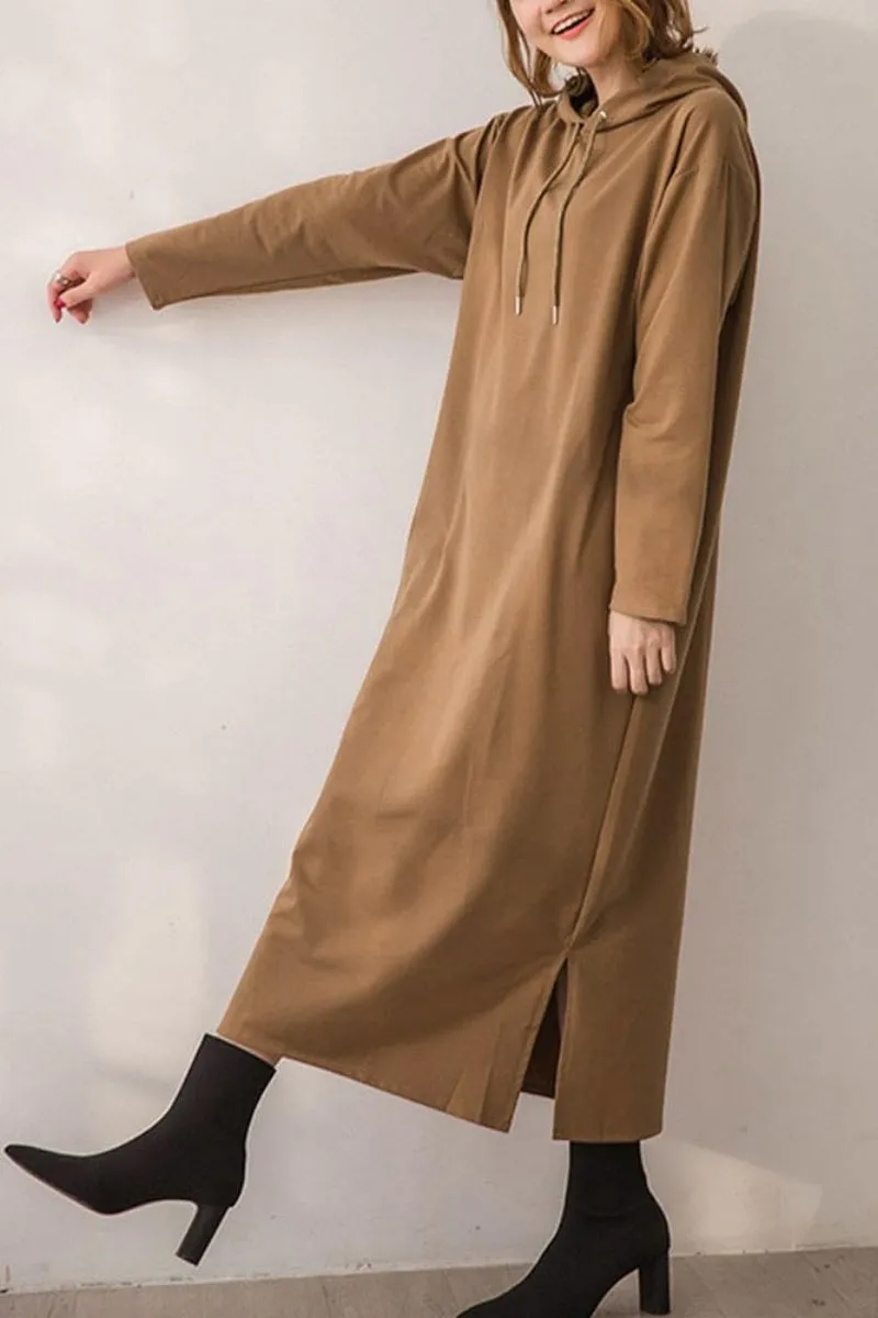 Chouyatou Women's Basic Solid Long Sleeve Sweatshirt Hoodie Maxi Dress With Pockets
